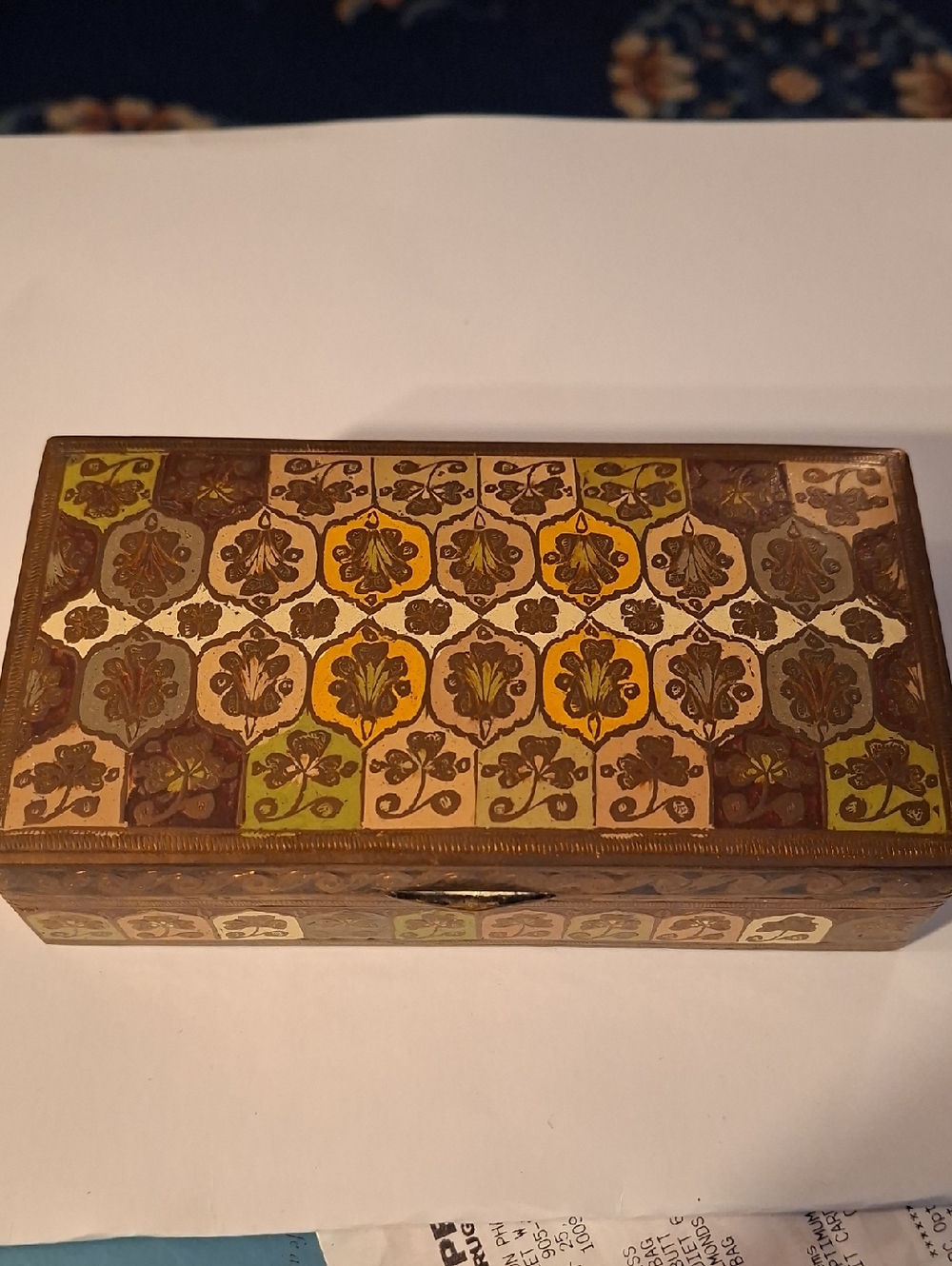 Decorative Hand-Enamelled Brass / Copper Box in Brown, Yellow, Green